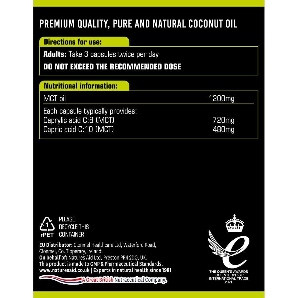 Средноверижни триглицериди от кокосово масло (100% MCT Oil) 1200мг 120 капсули, Natures Aid - Feel You