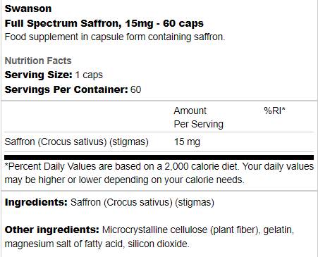 Full Spectrum Saffron 15 mg 60 капсули - Feel You