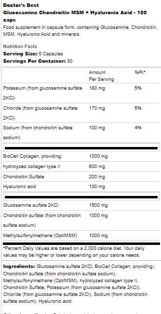 Glucosamine Chondroitin MSM | With Hyaluronic Acid - 150 капсули - Feel You