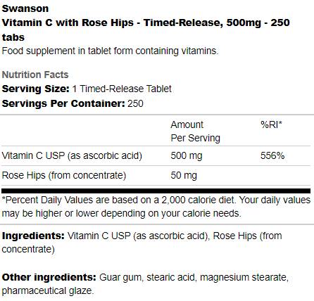 Timed-Release Vitamin C 500 mg | With Rose Hips 250 Таблетки - Feel You