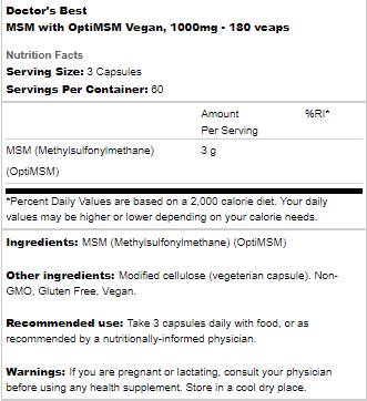 BEST Vegan MSM 1000 mg | With OptiMSM - 180 капсули - Feel You