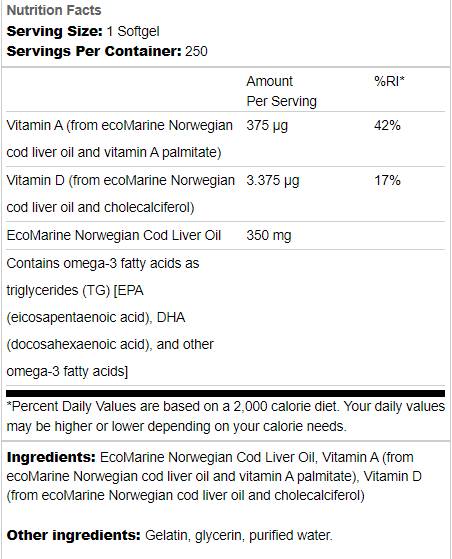 Norwegian Cod Liver Oil 350 mg 250 Гел капсули - Feel You