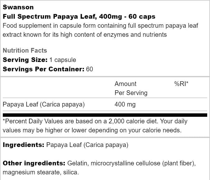 Full Spectrum Papaya Leaf 400 mg 60 капсули - Feel You