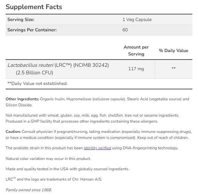 Clinical Heart Health Probiotic | Lactobacillus reuteri LRC™ 2.5 Billion - 60 капсули - Feel You