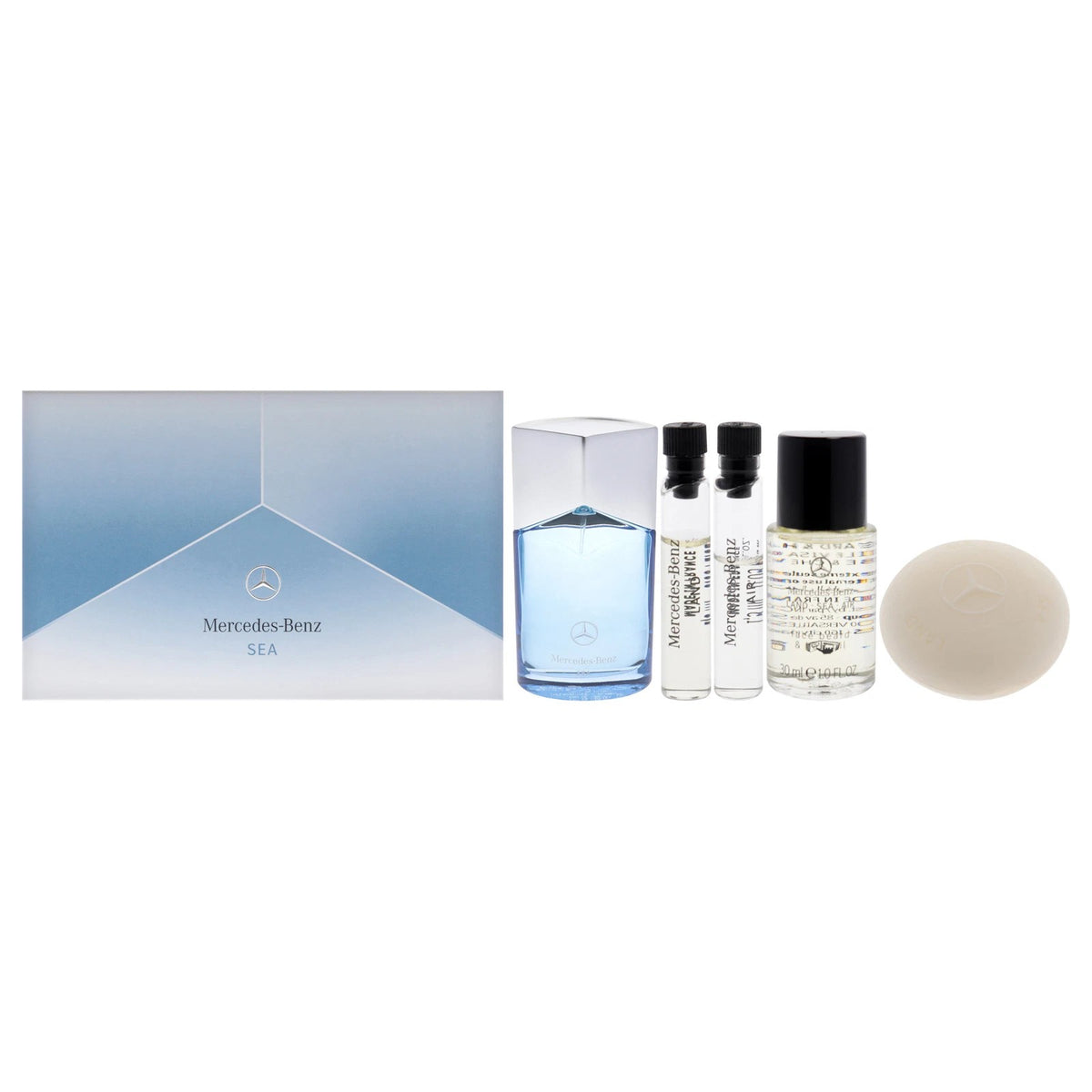 Set Mercedes-Benz: Sea, Eau De Parfum, For Men, 100 ml + Air, Eau De Parfum, For Men, 1.5 ml *Sample + Land, Eau De Parfum, For Men, 1.5 ml *Sample + Land-Sea-Air, Hydrating, Oil, Face, Body, Hair & Beard, 30 ml + Land-Sea-Air, Cleansing, Scented Soap ...