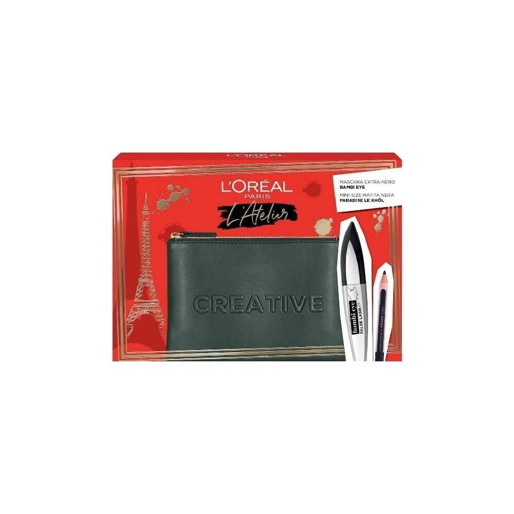 Atelier Kit Set L'Oreal Paris: Bambi Eye, Lash Defining, Mascara, Extra Black, 8.9 ml + Paradise, Kajal Eye Pencil, 1.2 g + Textile Makeup Bag, Black - Feel You