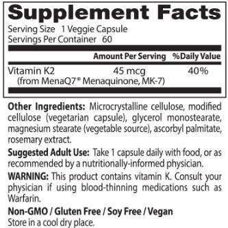 BEST Natural Vitamin K2 MK-7 45 mcg - 180 капсули - Feel You