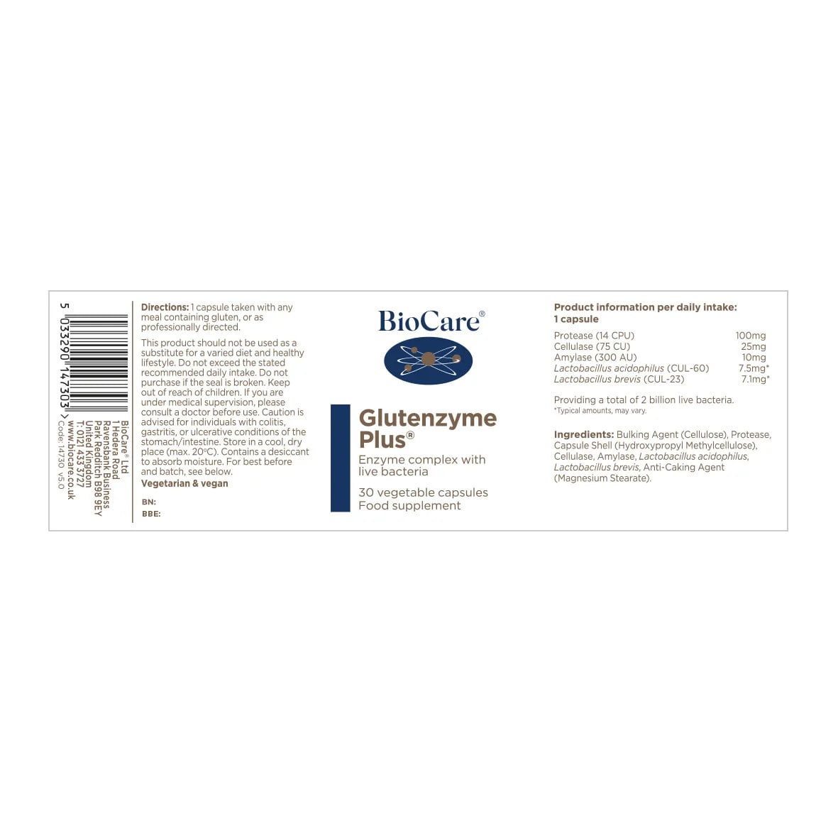 Глутен храносмилателни ензими с пробиотик / BioCare Glutenzyme Plus 30 Vcaps - Feel You