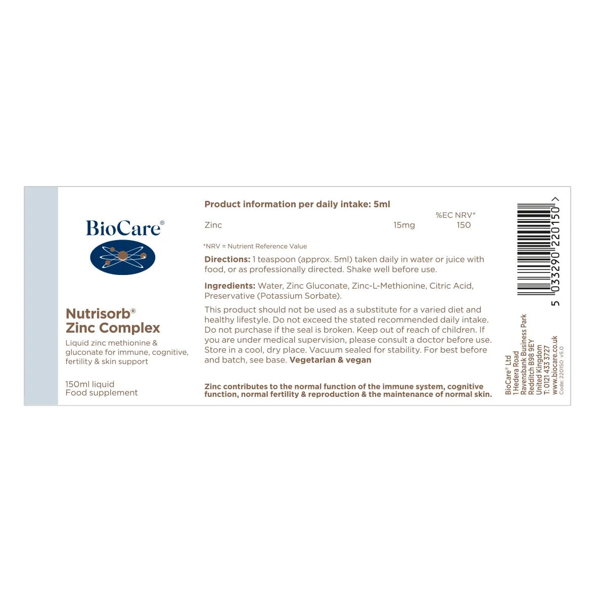 Цинк комплекс / BioCare Nutrisorb Liquid Zinc Complex 150ml - Feel You
