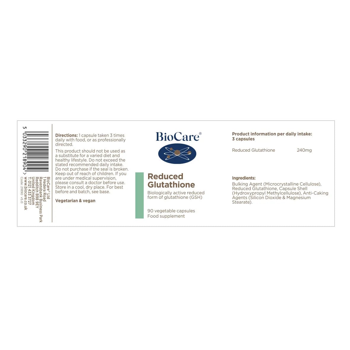 Глутатион / BioCare Reduced Glutathione 80mg 90 Vcaps - Feel You