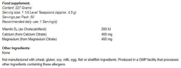 Calcium & Magnesium Citrate Powder with Vitamin D3 - 227 грама - Feel You