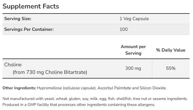 Choline 300 mg | Choline Bitartrate - 100 капсули - Feel You