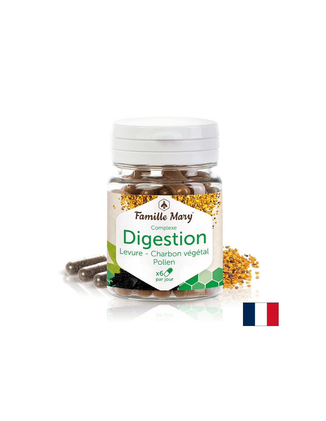 Digestion Pollen, Levure, Charbon/ Комплекс за добро храносмилане с бирена мая, активен въглен и цветен прашец, 60 капсули Famille Mary - Feel You