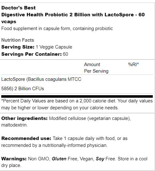 Digestive Health Probiotic | 2 Billion with LactoSpore - 60 капсули - Feel You