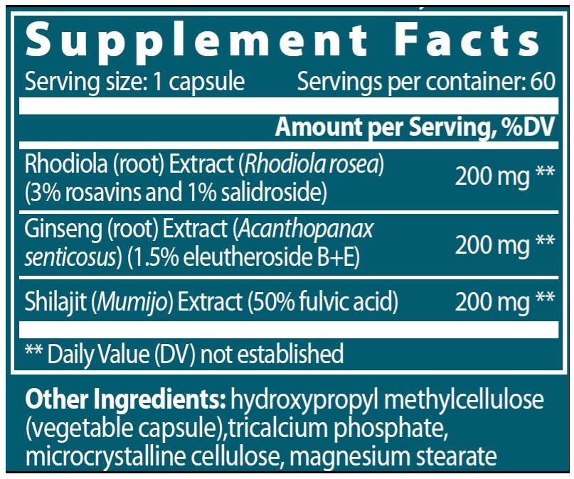 Eastern Adaptogen | Rhodiola + Ginseng + Shilajit - 60 капсули - Feel You