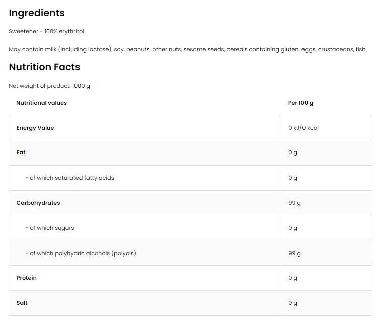 Erythritol / Sugar Free Sugar - 1000 грама - Feel You