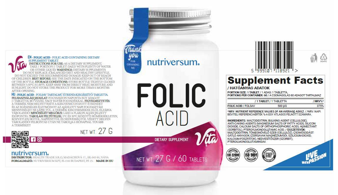 Folic Acid 500 mcg - 30 Таблетки - Feel You