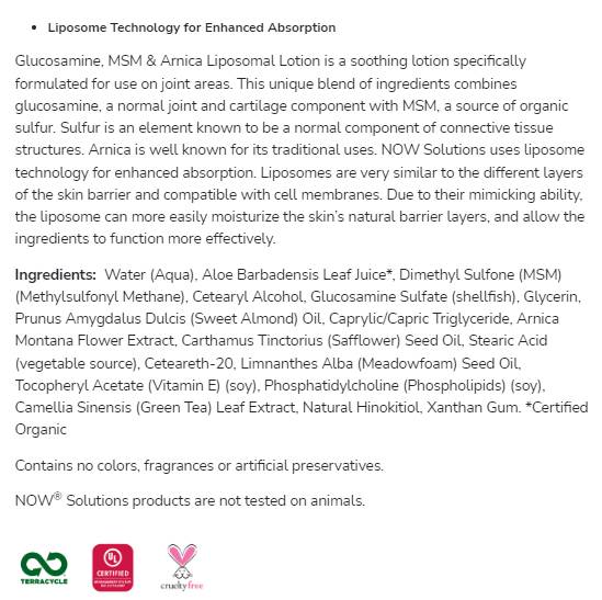 Glucosamine, MSM & Arnica Liposome Lotion - 237 мл - Feel You