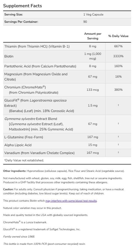 Glucose Metabolic Support | with Banaba, Gymnema, Alpha Lipoic Acid & ChromeMate® - 90 капсули - Feel You