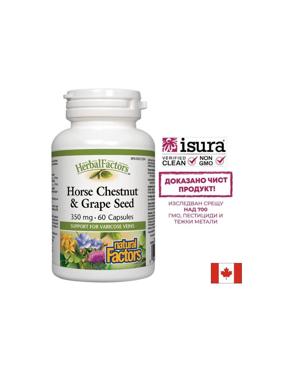 Horse Chestnut & Grape Seed - Див кестен и гроздово семе (мощен венотоник за здрави вени), 60 капсули Natural Factors - Feel You