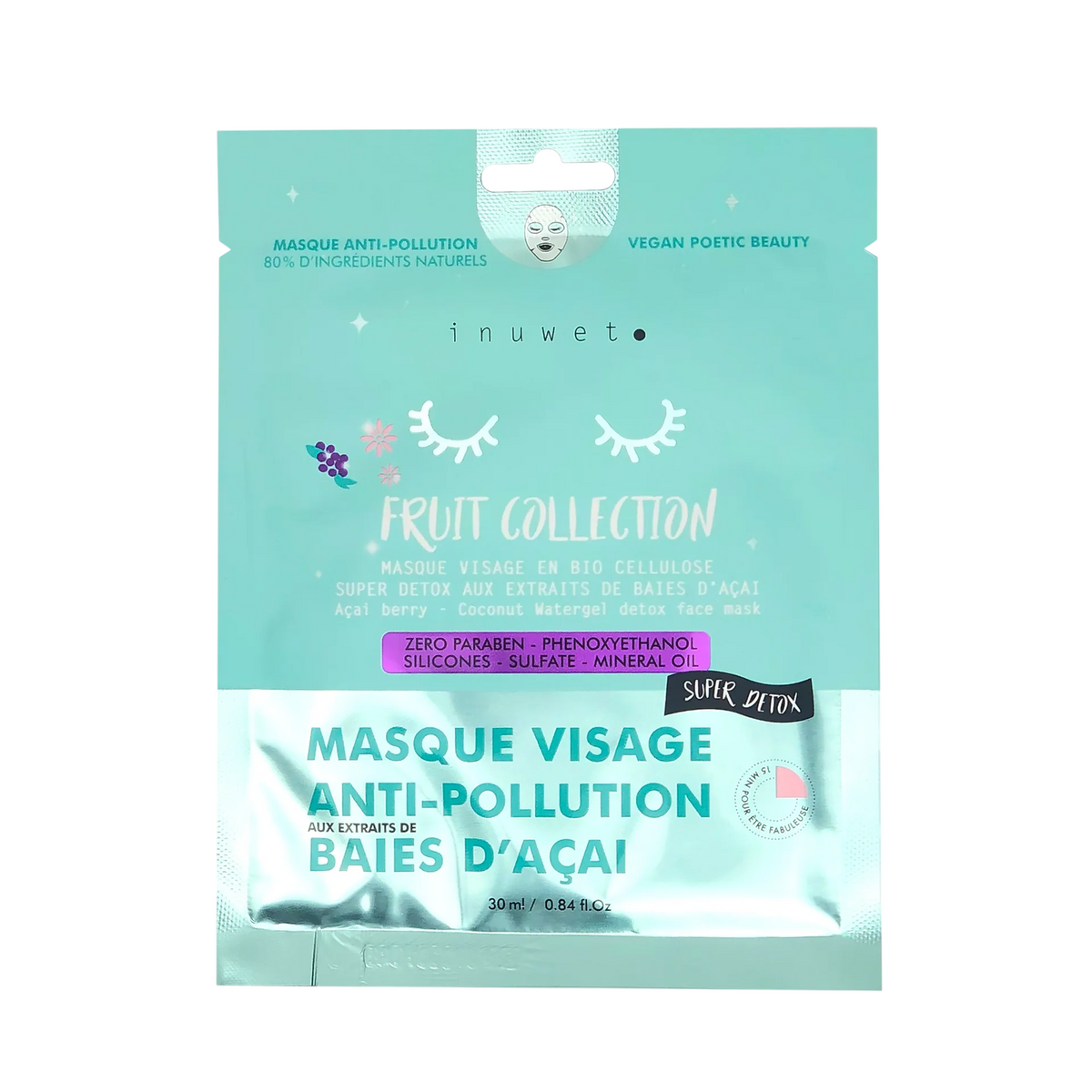 Inuwet, Fruit Collection, Vegan, Purifying & Detoxifying, Sheet Mask, Face, Day & Night, 30 ml - Feel You