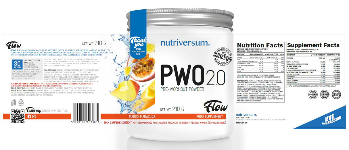 PWO 2.0 Flow | Pre-Workout Powder - 210 грама - Feel You