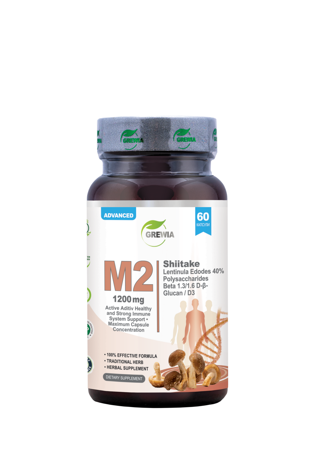 M2 Shiitake Lentinula Edodes 40% полизахариди Beta 1.3/1.6 D-β-Glucan D3 – 1200 mg – 60 Caps. - Feel You