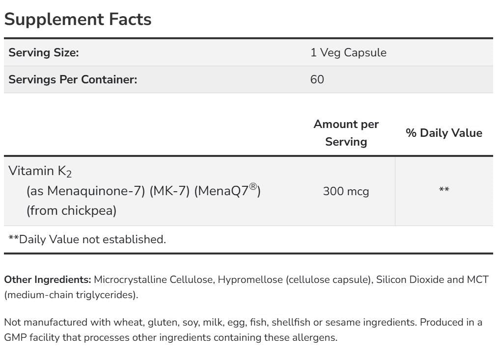 MK-7 Vitamin K-2 300 mcg | Extra Strength MenaQ7® - 120 капсули - Feel You