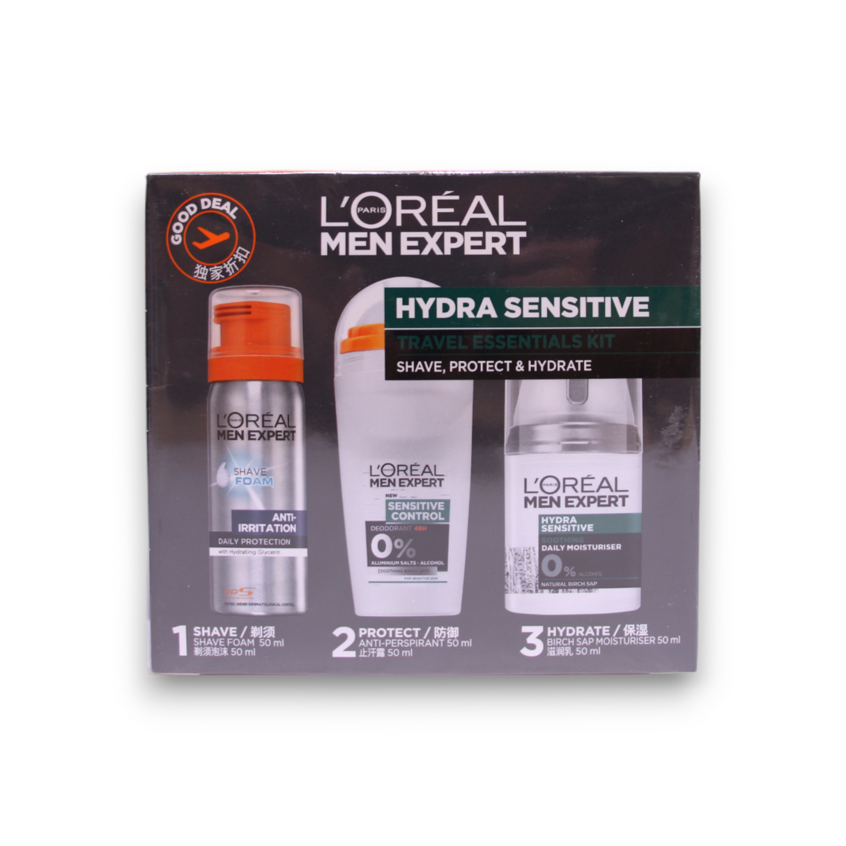 Travel Set L'Oreal Paris: Men Expert, Alcohol-Free, Hydrating & Regenerating, Day & Night, Cream, For Face, 50 ml + Men Expert, Alcohol-Free, Anti-Sweat, Deodorant Roll-On, For Men, 50 ml + Men Expert, Glycerin, Against Irritation, Shaving Foam, 50 ml - Feel You