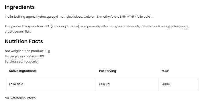 Methylofolian | Methyl Folate 5-MTHF Folic Acid 800 mcg - 60 капсули - Feel You