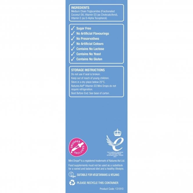 Mini Drops Витамин D3 капки за бебета и деца 50ml, Natures Aid - Feel You