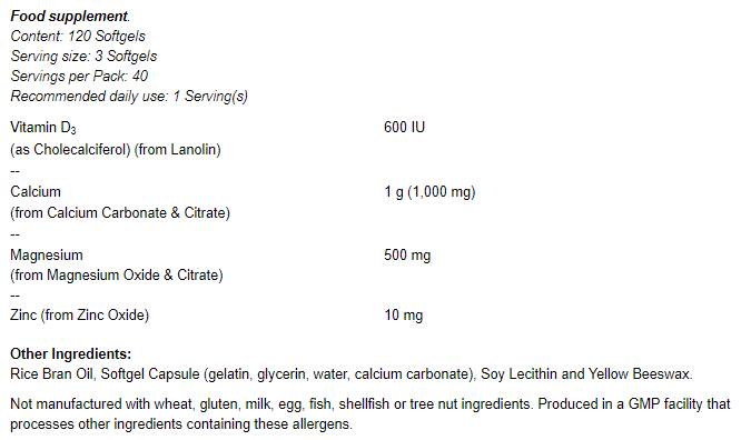 Calcium & Magnesium Softgels / with Vit D and Zinc - 120 Гел капсули - Feel You