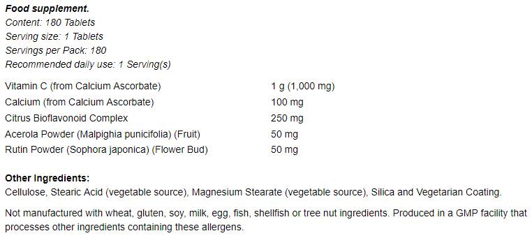 Vitamin C-1000 Complex - Buffered with 250 mg Bioflavonoids - 180 Таблетки - Feel You