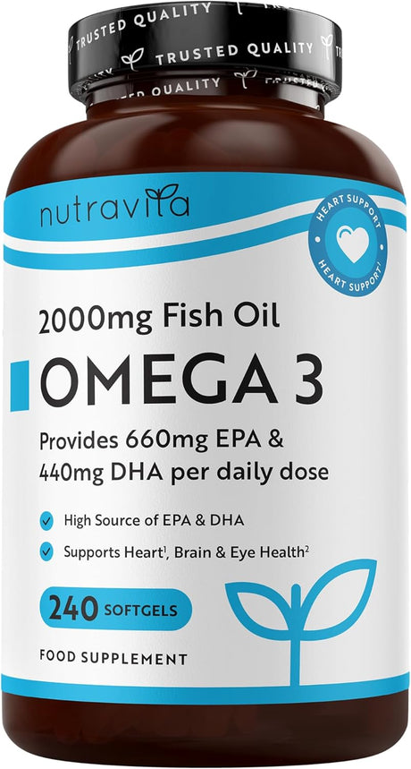 Omega 3 2000 mg /EPA 660 mg, DHA 440 mg/ Pure Fish Oil /240 капсули, 120 дози/ Nutravita - Feel You