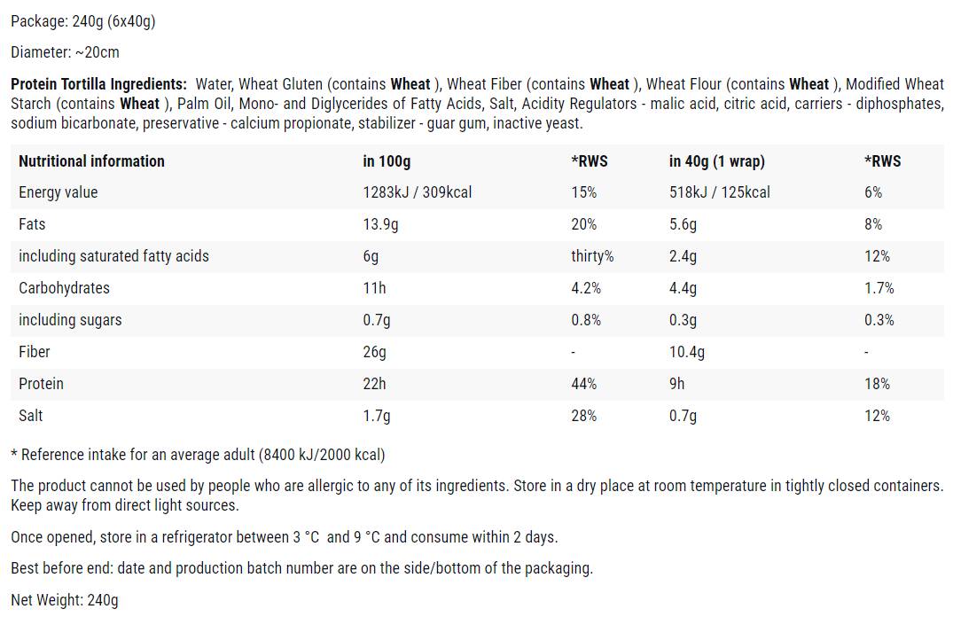 Protein Tortilla | Low-Carb High-Protein ~ Keto Friendly Wraps - 6 x 40 ( 240 ) грама - Feel You