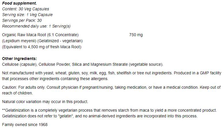 Raw MACA 6:1 Concentrate 750 mg - 30 капсули - Feel You