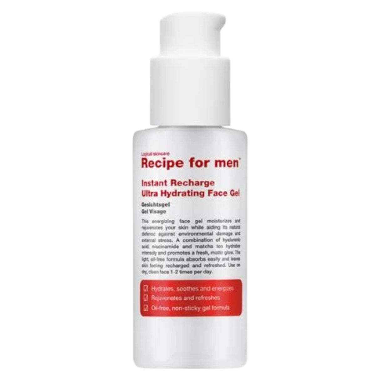 Recipe For Men, Instant Recharge, Hyaluronic Acid, Moisturizes, Gel, Face, 75 ml - Feel You