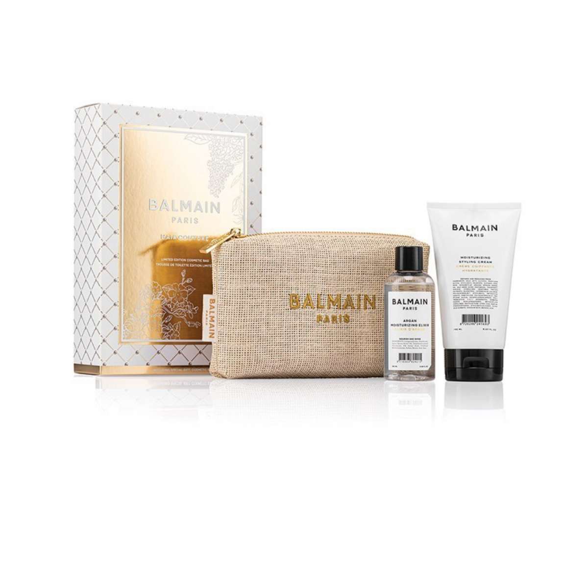 Set Balmain Professionnel: Argan Moisturising Elixir, Hair Oil, For Nourishing, 100 ml + Moisturizing, Hair Styling Cream, 150 ml + Balmain Professionnel, GWP Textile Pouch, Light Brown - Feel You