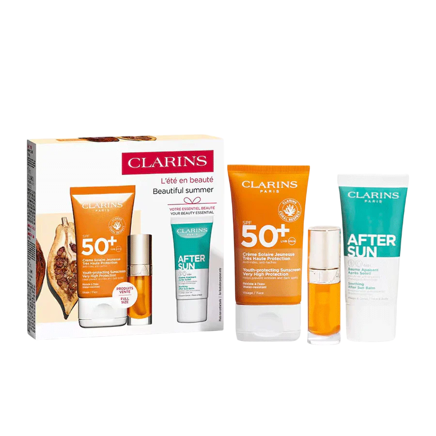Set Clarins: Clarins, Hydrating, Sunscreen Cream, For Face, SPF 50+, 50 ml + After Sun, Regenerating, After-Sun Balm, 30 ml + Lip Confort, Lip Oil, 01, 7 ml - Feel You