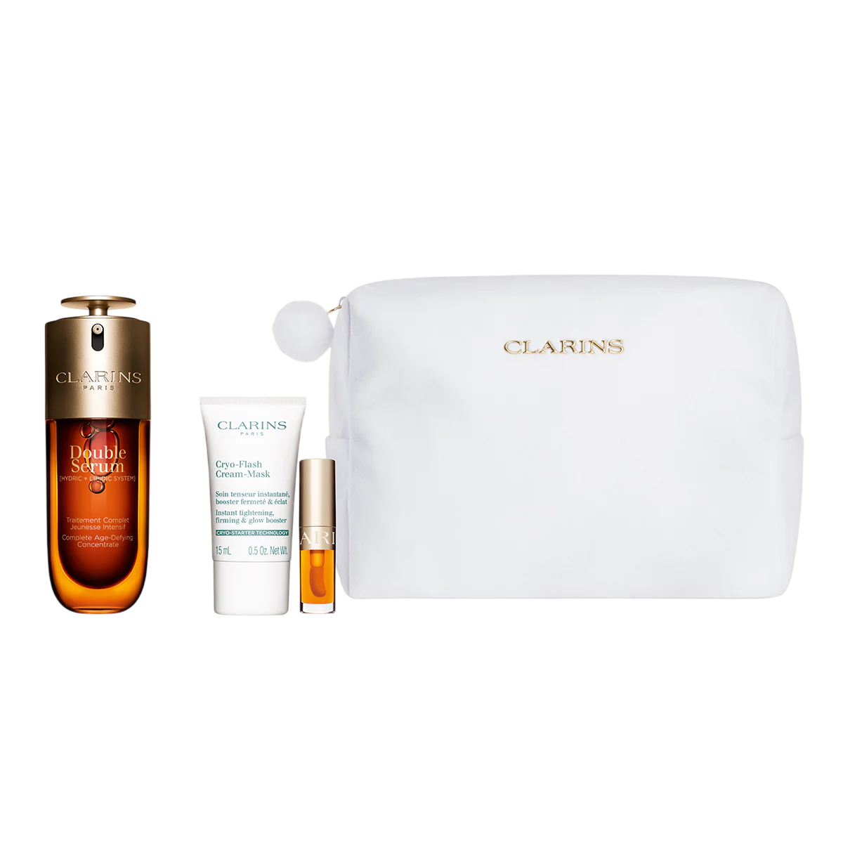 Set Clarins: Double, Anti-Ageing, Serum, For Face, 50 ml + Cryo-Flash, Firming & Radiance, Cream Mask, For Face, 15 ml + Lip Confort, Lip Oil, 01, 1.4 ml *Miniature + Clarins, Zippered, GWP Textile Pouch, White - Feel You