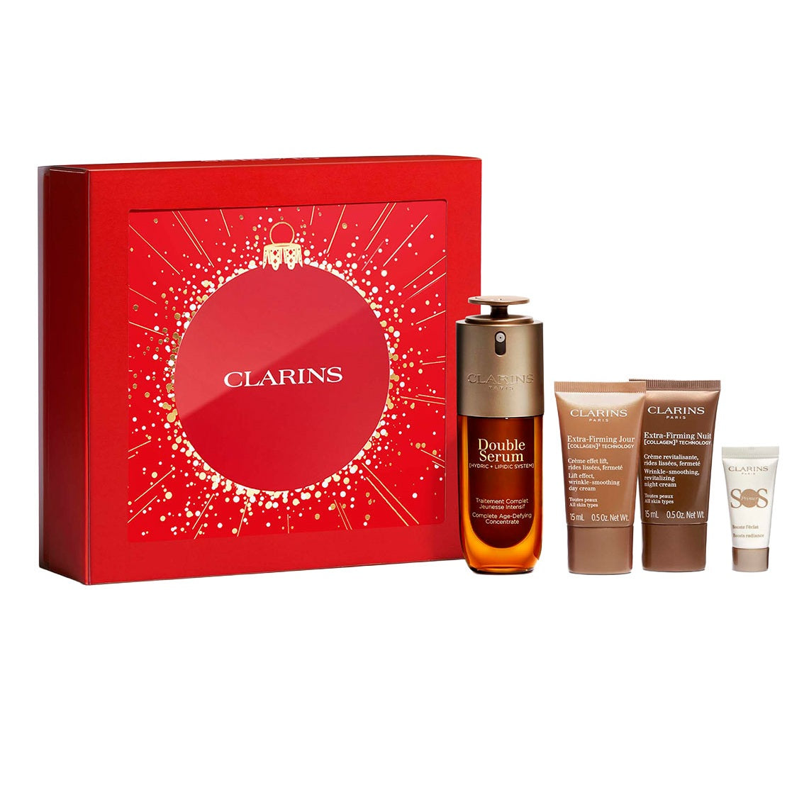 Set Clarins: Extra-Firming, Firming, Day, Cream, For Face, 15 ml + Extra-Firming, Collagen, Firming, Night, Cream, For Face, 15 ml + Double, Anti-Ageing, Serum, For Face, 50 ml + S.O.S., Moisturizing, Liquid Primer, 5 ml *Miniature - Feel You