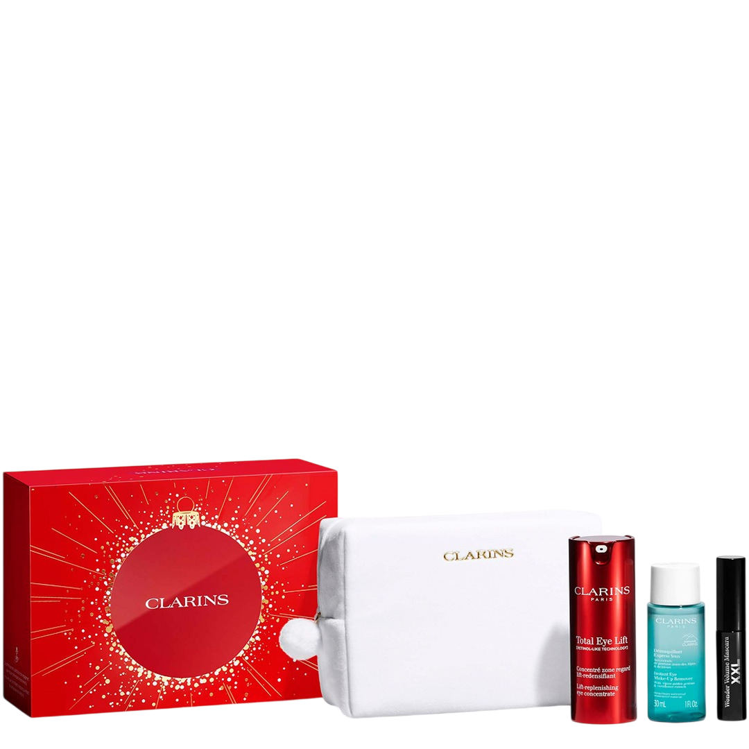 Set Clarins: Total Eye, Lift, Day, Eye Serum, 15 ml + Instant Eye, Makeup Remover Lotion, 30 ml + Wonder Volume, Volumising, Mascara, Black, 3 ml *Miniature + Clarins, Zippered, GWP Textile Pouch, White - Feel You