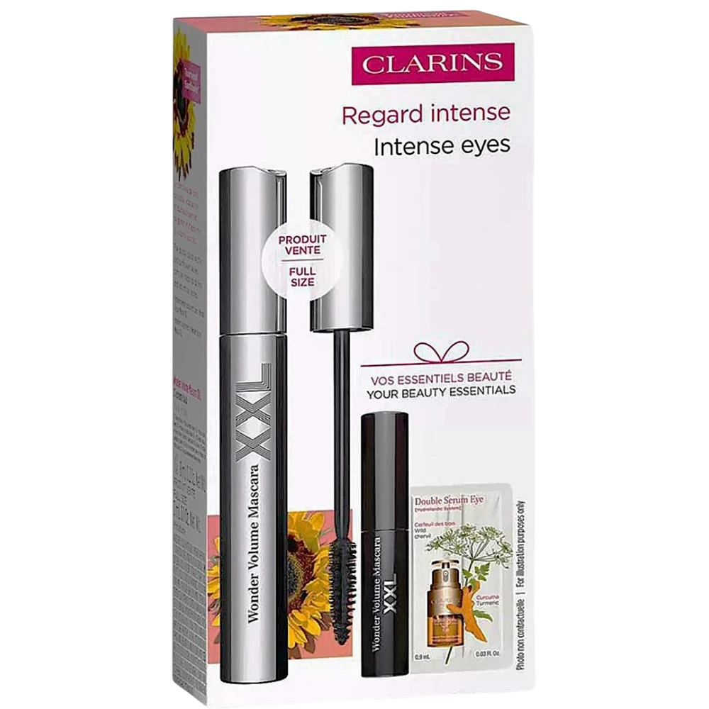 Set Clarins: Wonder Volume, Volumising, Mascara, Black, 8 ml + Wonder Volume, Volumising, Mascara, Black, 3 ml *Miniature + Double, Anti-Ageing, Serum, For Face, 0.9 ml *Sample - Feel You