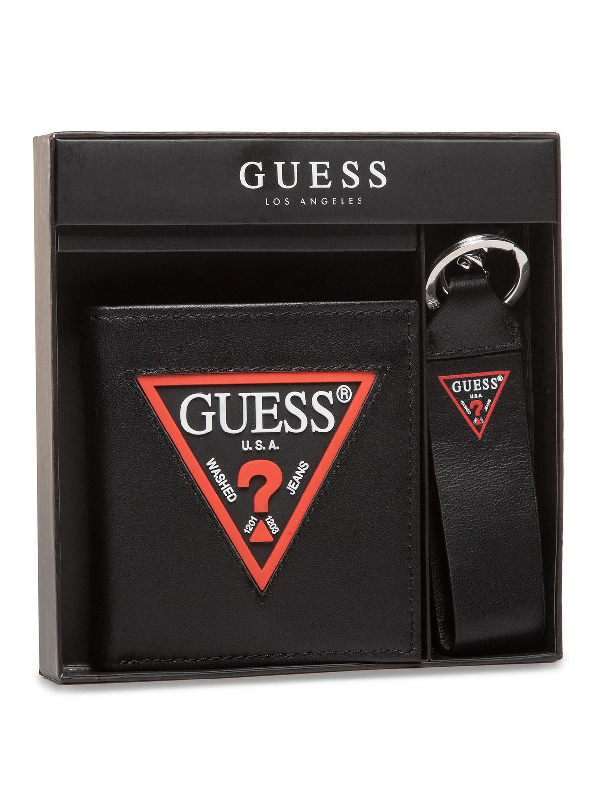 Set Guess: Guess, Leather Keyring, Black + Daelon, Leather Wallet, Small Billfold, Red/Black, For Men - Feel You
