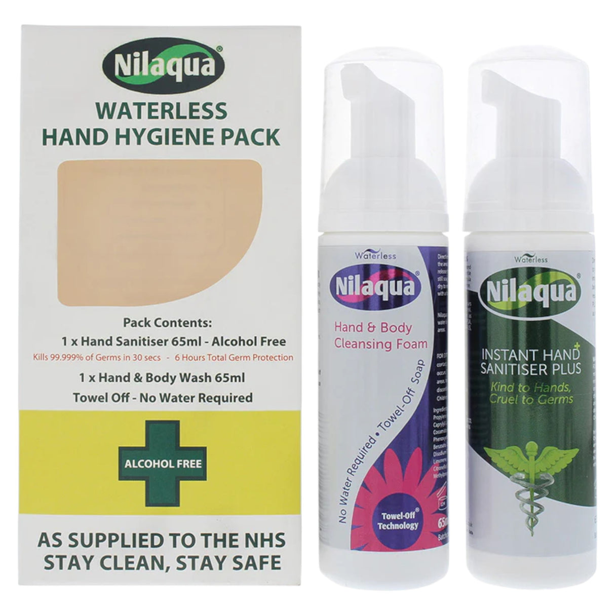 Set Nilaqua: Waterless, Cleansing, Hand Gel, 65 ml + Waterless, Cleansing, Foam, Hand & Body, 65 ml - Feel You