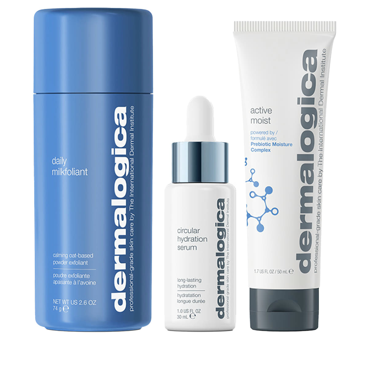 Smooth + Hydrate Set Dermalogica: Daily Milkfoliant, Exfoliating, Exfoliating Powder, 74 g + Active Moist, Prebiotics, Hydrating, Cream, For Face, 50 ml + Circular Hydration, Hyaluronic Acid, Serum, For Face, 30 ml - Feel You