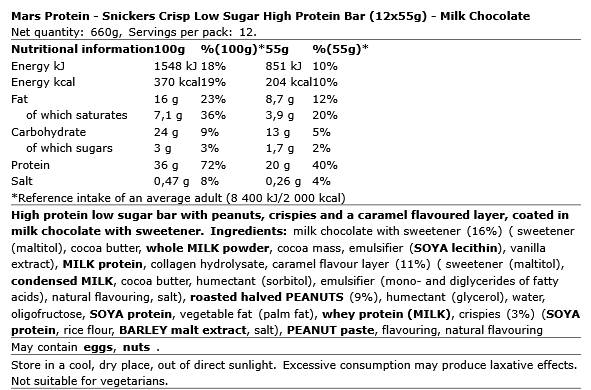 Snickers Crisp Low Sugar High Protein Bar - 12 x 55 грама - Feel You