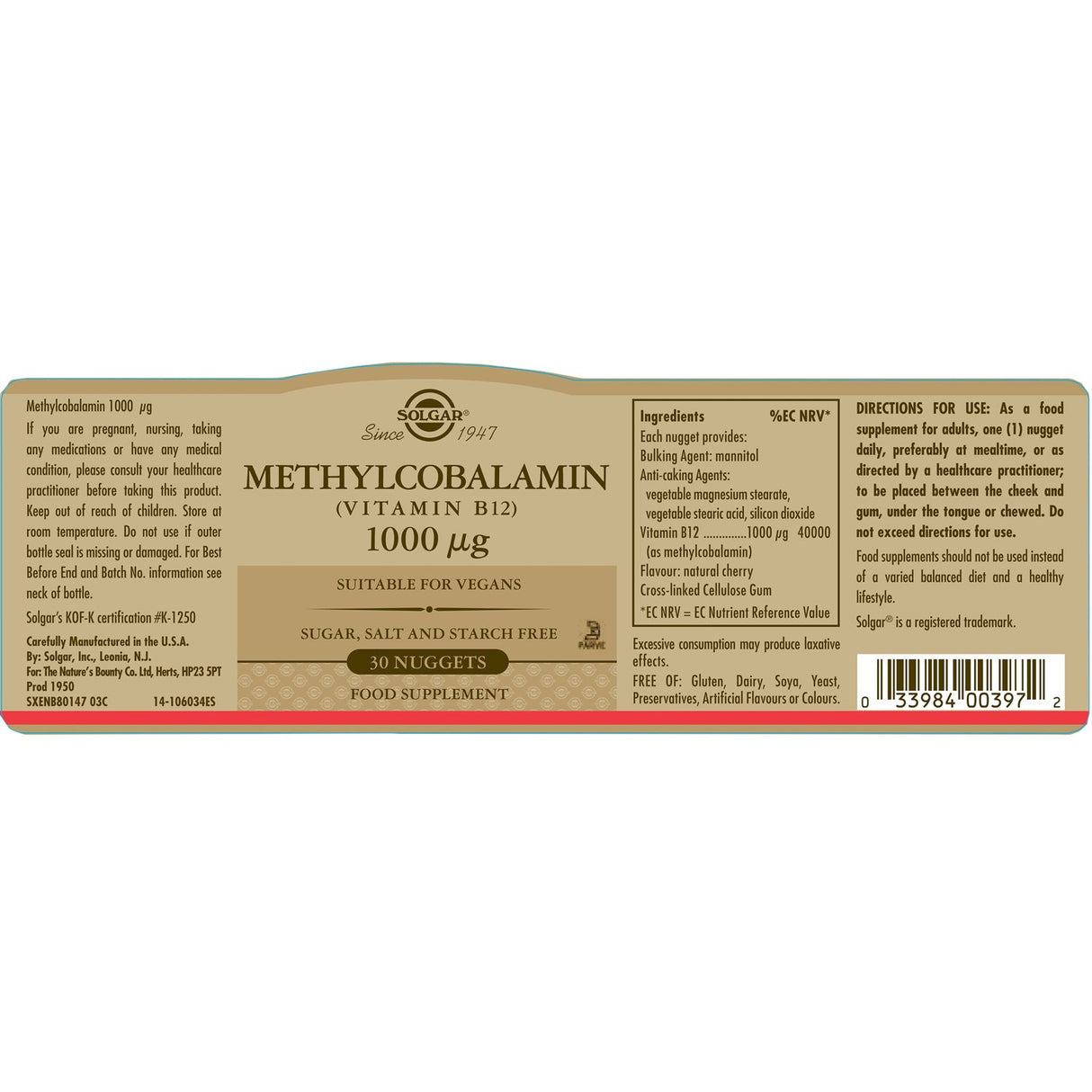 Solgar Vitamin B-12 1000 mcg / Methylcobalamin - 30 Подезични таблетки - Feel You