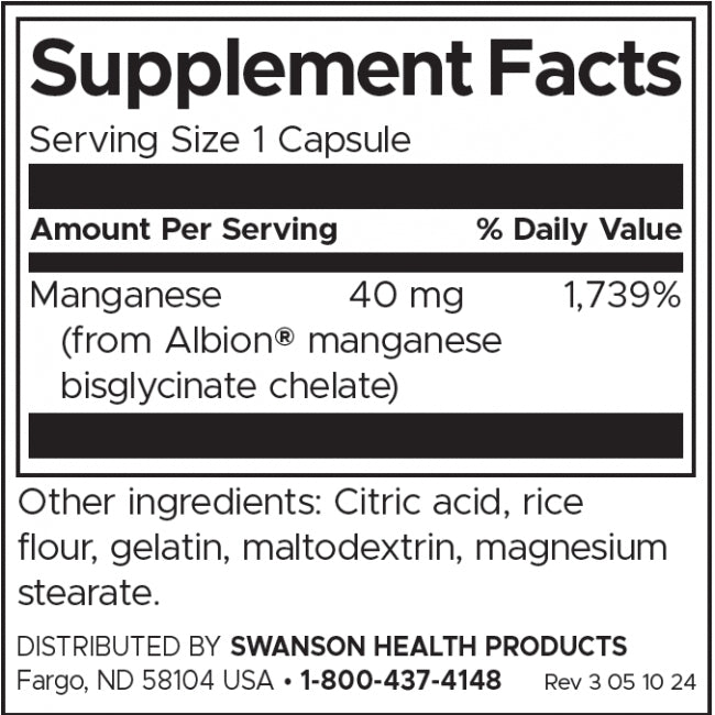 Swanson Albion Manganese 40 mg Chelated Amino Acid Form Mineral Supplement For Bone Health 180 Capsules - Feel You