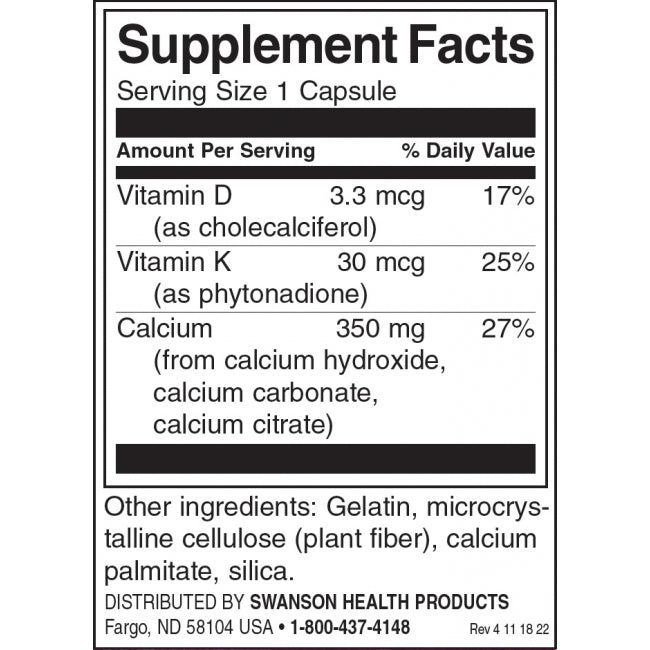 Swanson Calcium With Vitamins D And K 3 In 1 Formula Dietary Supplement 100 Capsules - Feel You